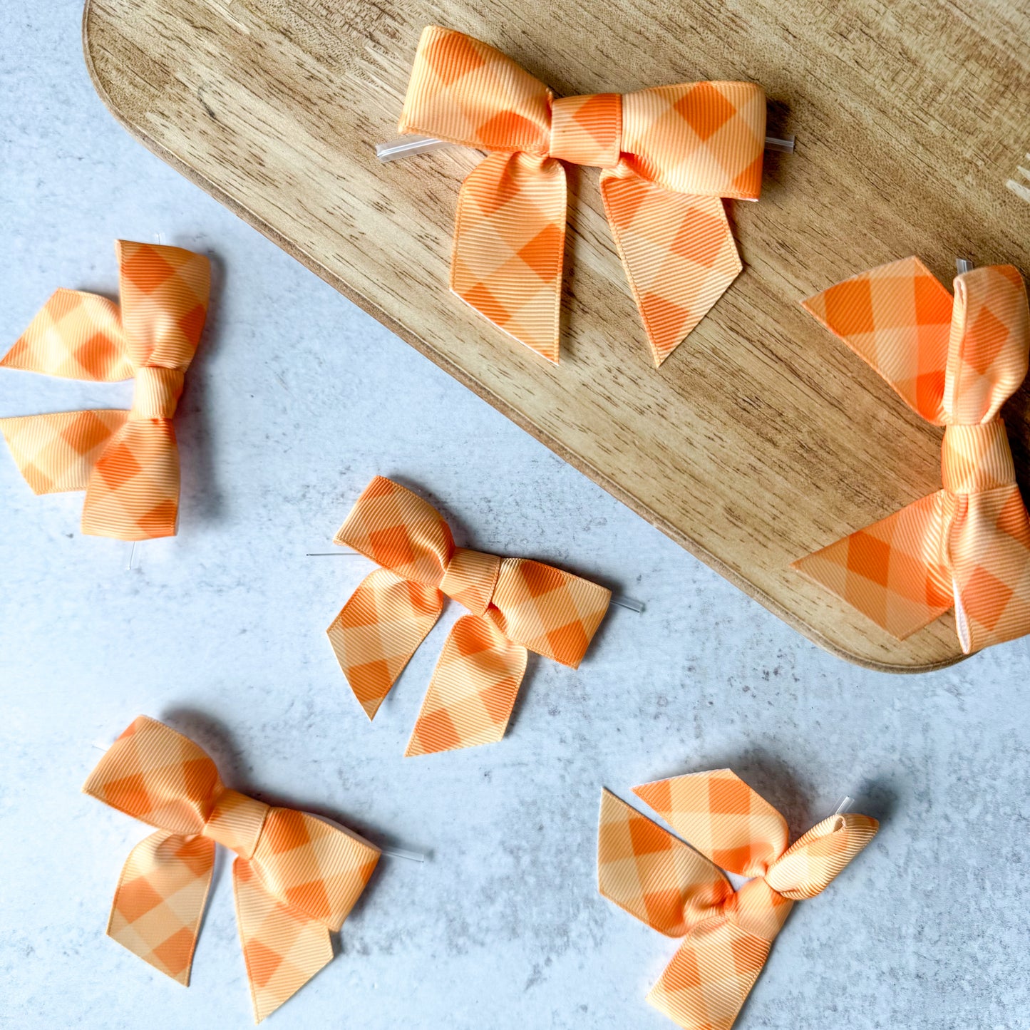 orange gingham pre-tied 4" grosgrain bows with clear twist ties - set of 25