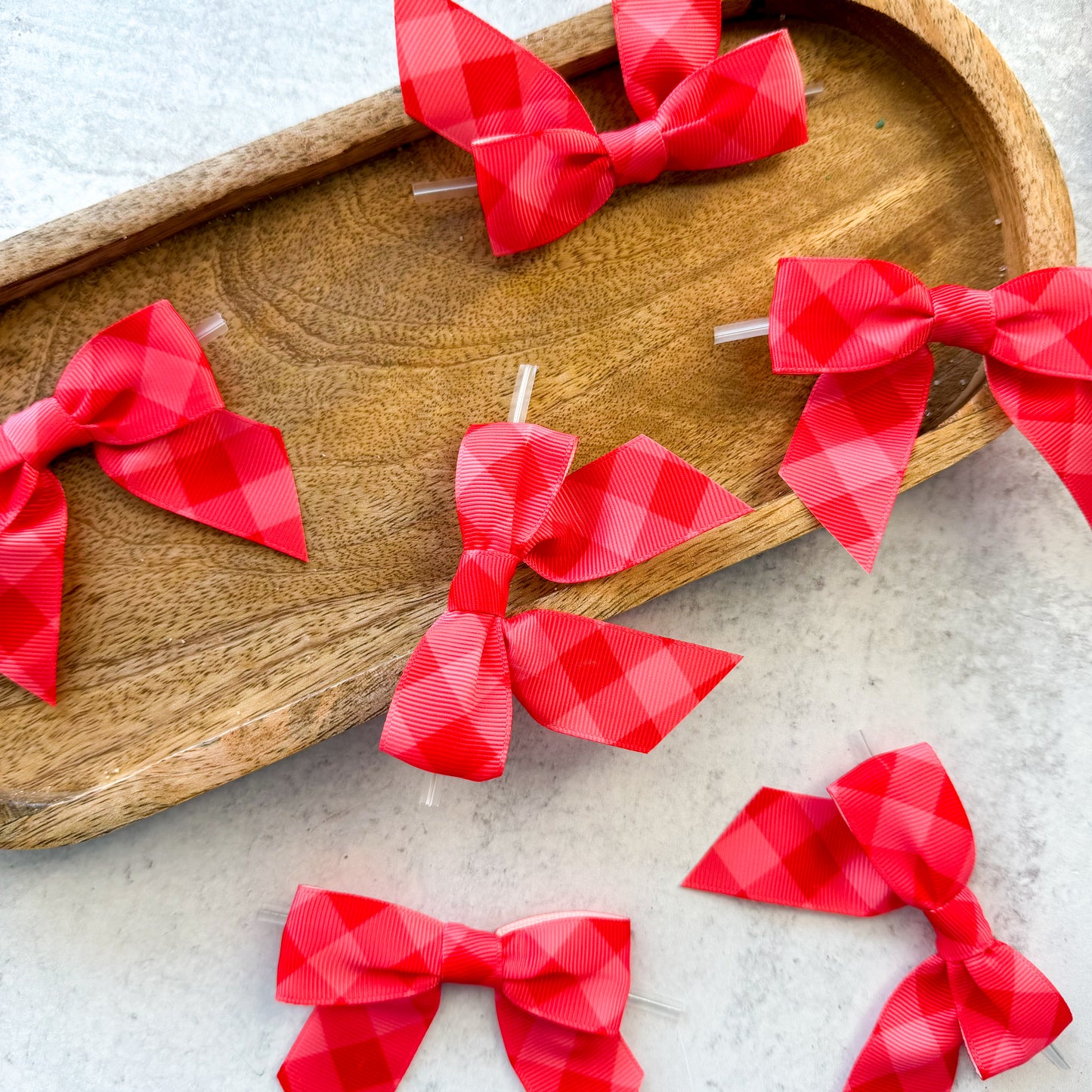 red gingham pre-tied 4" grosgrain bows with clear twist ties - set of 25