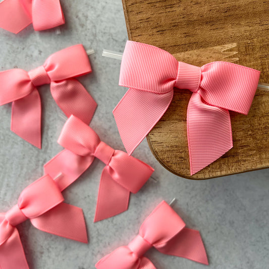 dark pink pre-tied 4" grosgrain bows with clear twist ties - set of 25