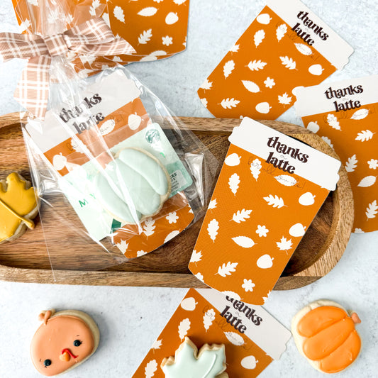 fall thanks a latte die cut coffee cup 3.5 x 5"  cookie cards - pack of 24