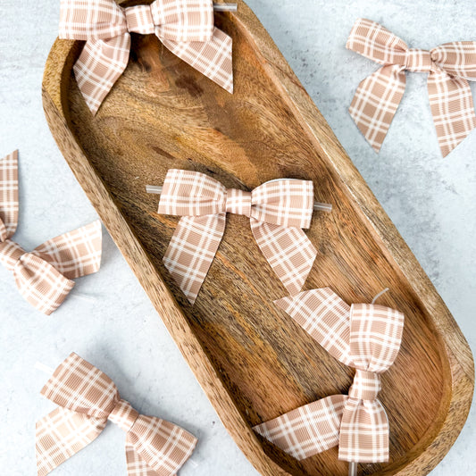 brown plaid pre-tied 4" grosgrain bows with clear twist ties - set of 25