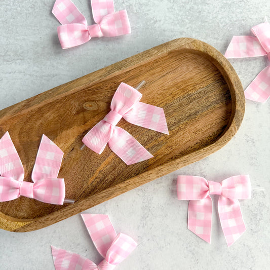 pink gingham pre-tied 4" grosgrain bows with clear twist ties - set of 25