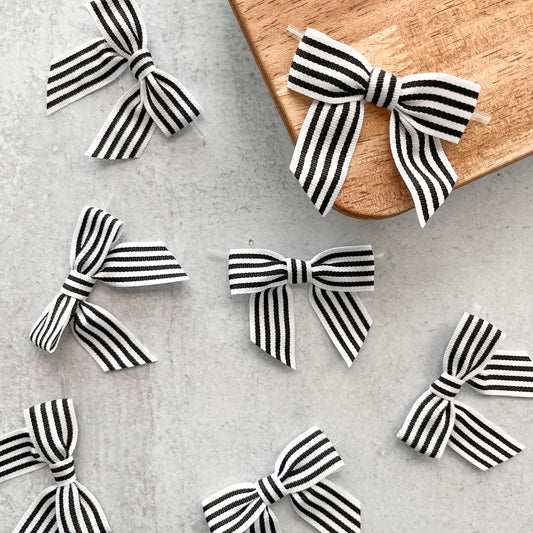 black and white stripe 4" grosgrain bows with clear twist ties - set of 25