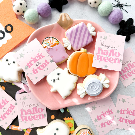 pink happy halloween / trick or treat 2.5x2" tags - pack of 24