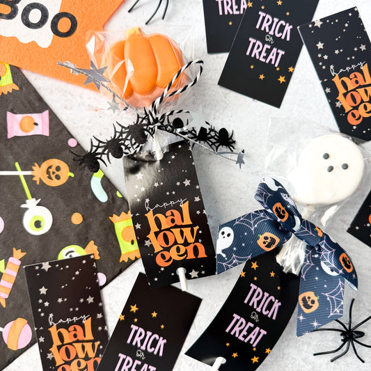 1.75" x 3.5" happy halloween trick or treat tags - pack of 24