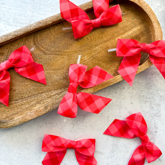 red gingham pre-tied 4" grosgrain bows with clear twist ties - set of 25