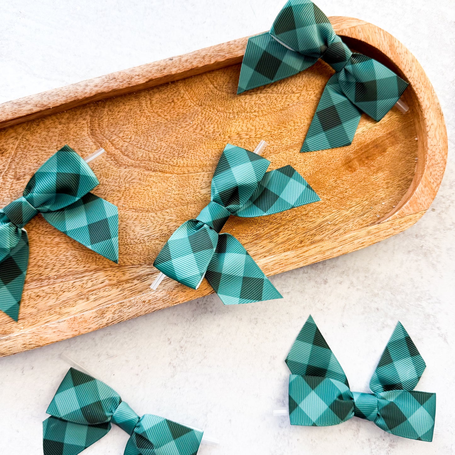 dark green gingham pre-tied 4" grosgrain bows with clear twist ties - set of 25