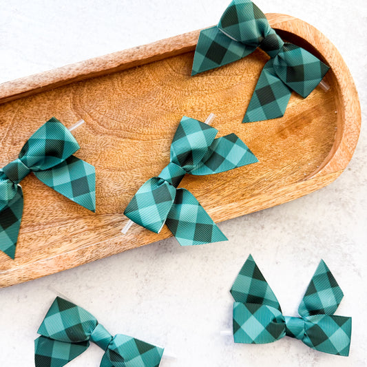 dark green gingham pre-tied 4" grosgrain bows with clear twist ties - set of 25