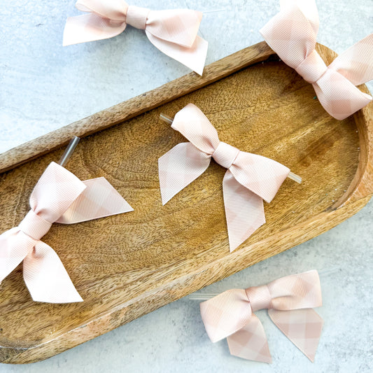 taupe gingham pre-tied 4" grosgrain bows with clear twist ties - set of 25
