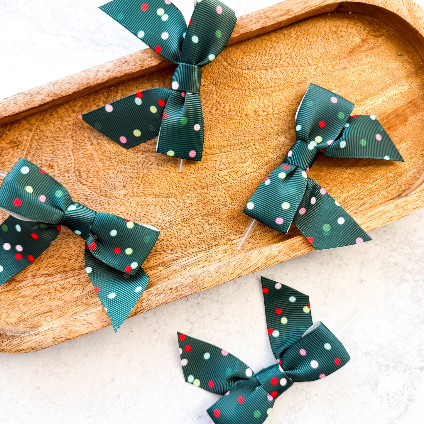dark green dots pre-tied 4" grosgrain bows with clear twist ties - set of 25