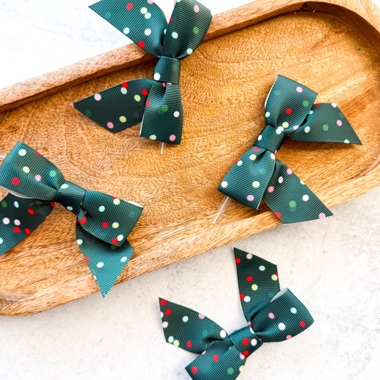 dark green dots pre-tied 4" grosgrain bows with clear twist ties - set of 25