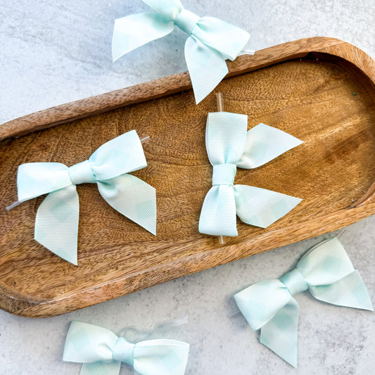light blue gingham pre-tied 4" grosgrain bows with clear twist ties - set of 25
