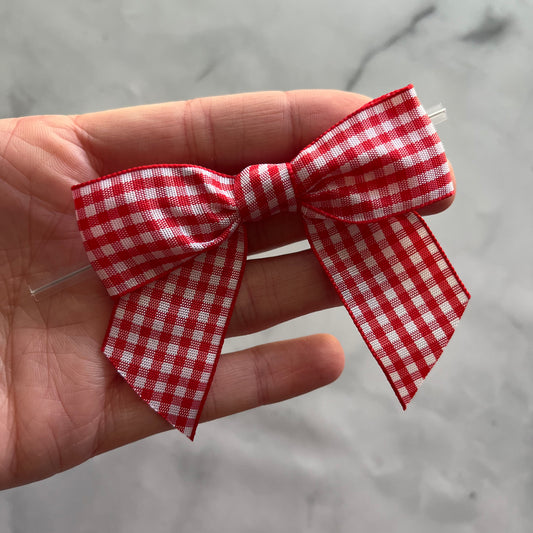 red gingham pre-tied 4" bows with clear twist ties - set of 25