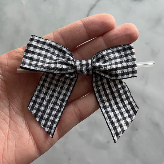 black gingham pre-tied 4" bows with clear twist ties - set of 25