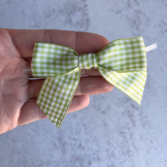 light green gingham pre-tied 4" bows with clear twist ties - set of 25