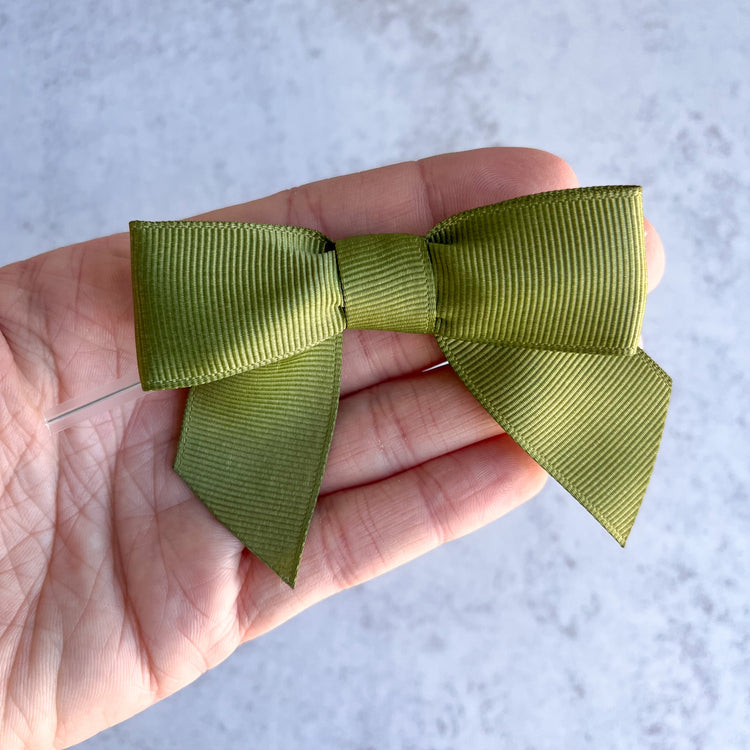 olive green pre-tied 4" grosgrain bows with clear twist ties - set of 25